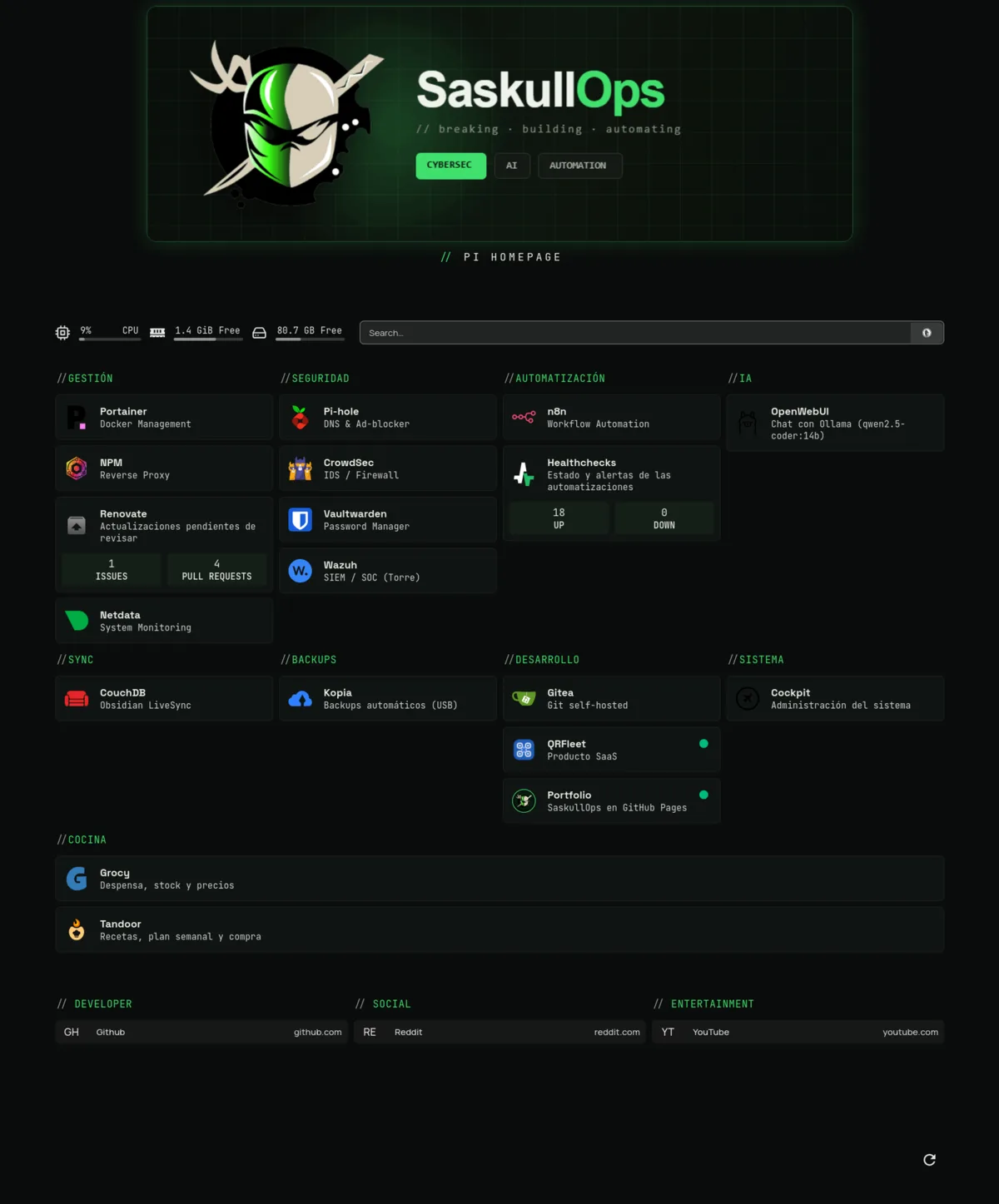 The SaskullOps homelab dashboard built with Homepage